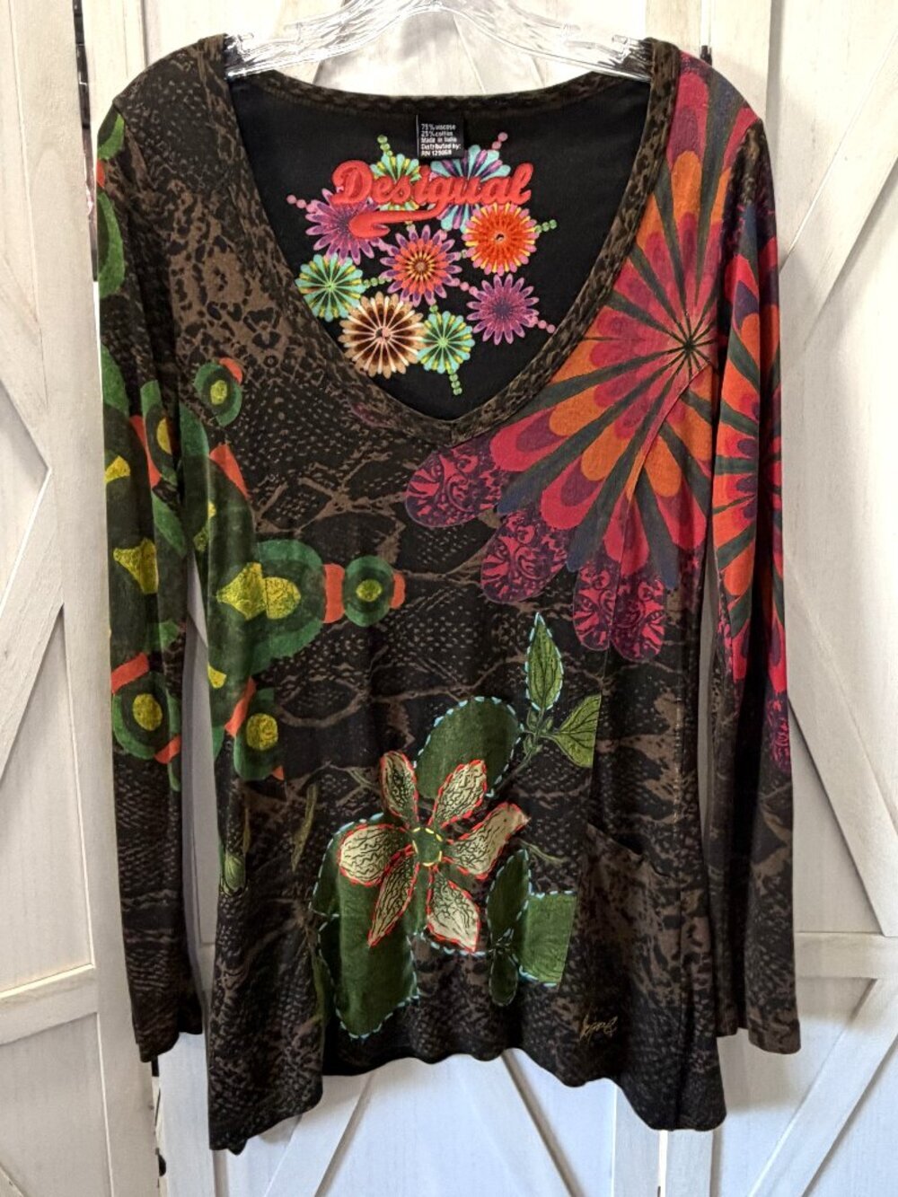 Desigual Long Sleeve Floral Print Tunic Top with Pockets Size Small